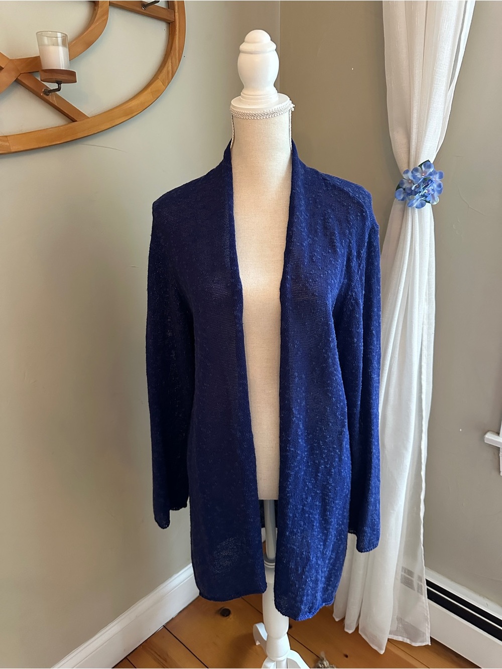 Eileen Fisher Blue Linen Blend Open Front Cardigan XL